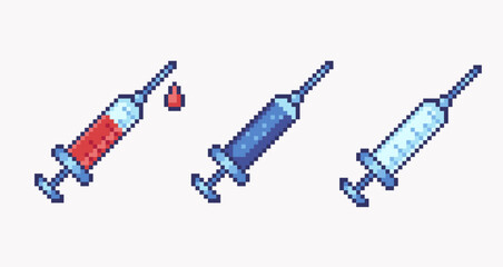 Empty, full syringe pixel art set. Vaccine, lab test equipment collection. Medical treatment 8 bit. Game development, mobile app. Isolated vector illustration. 