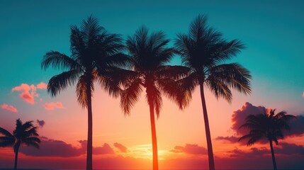 Obraz premium The silhouettes of palm trees are contrasted by the intense colors of a sunset, symbolizing relaxation and tropical allure.