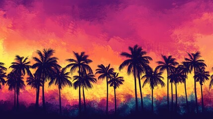 The silhouettes of palm trees are contrasted by the intense colors of a sunset, symbolizing relaxation and tropical allure.