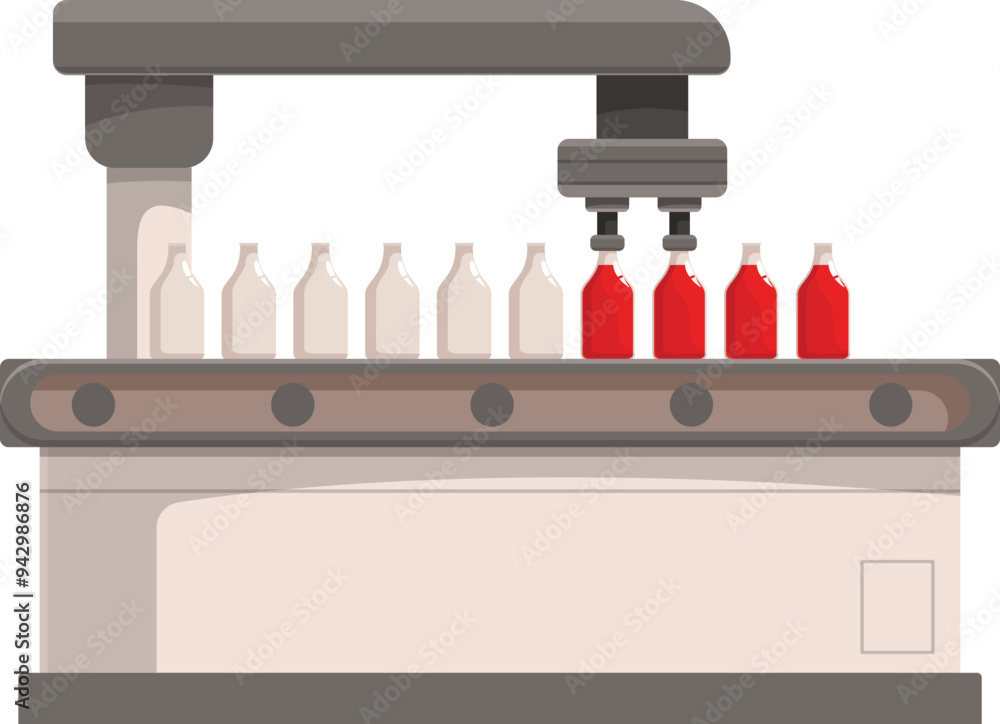 Poster automated production line with bottles moving on conveyor belt being filled by industrial robot