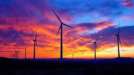 Fototapeta premium Wind turbines silhouetted against a vibrant sunset, with the sky painted in hues of orange and pink, highlighting renewable energy.