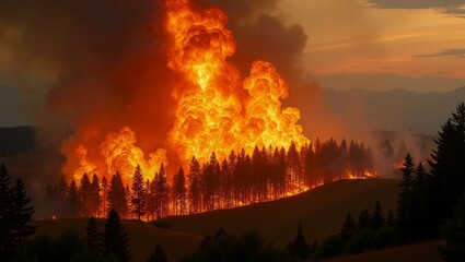 Fototapeta premium Wildfire Burning Through Forest at Night. flames leaping high, smoke billowing into the sky
