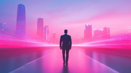 Fototapeta premium A man is walking down a road in a city with a pink and purple sky in the background