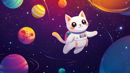Cat Astronaut flying outer space among colorful planets and stars cartoon illustration