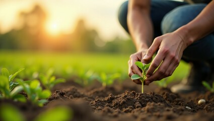 Hands Planting a Sapling in a Field at Sunset