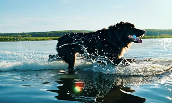  SLO MO TS Newfoundland dog walking across water 