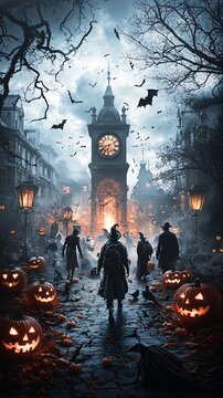 A spooky clocktower strikes midnight as a group of costumed time travelers prepare to enter a mysterious portal, surrounded by Halloween elements such as jack-o-lanterns and bats. The composition