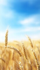 Fototapeta premium Close-up of golden wheat against a clear blue sky, symbolizing abundance and nature's beauty.
