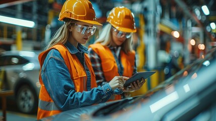 Two female engineers in orange safety gear are using tablet devices in an industrial environment, emphasizing technology integration and modern data analysis.