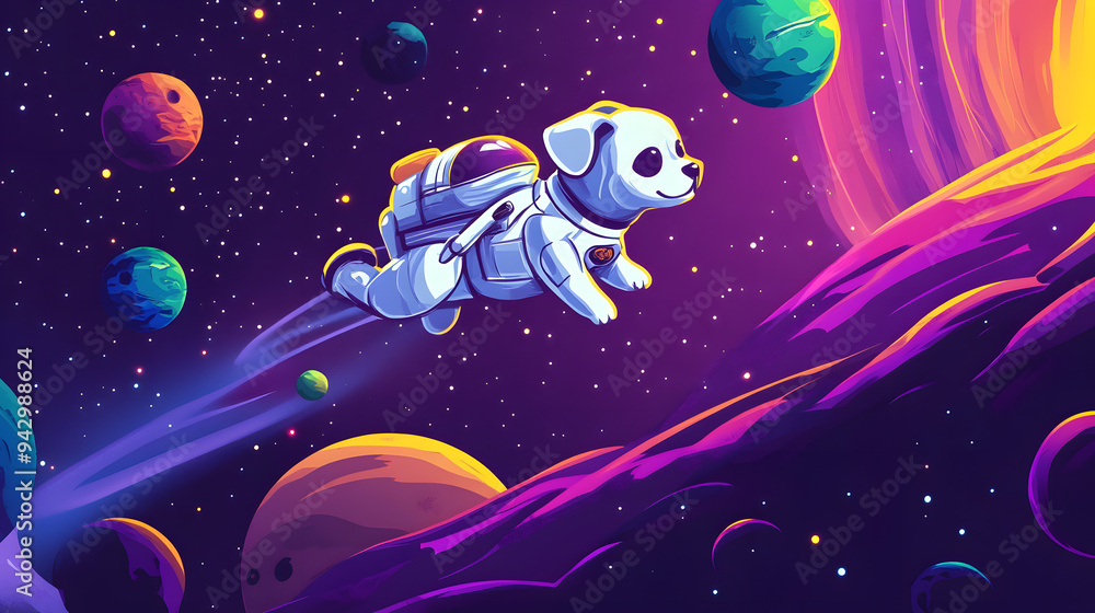 Wall mural dog astronaut flying outer space among colorful planets and stars cartoon illustration