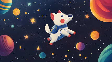 Dog Astronaut flying outer space among colorful planets and stars cartoon illustration