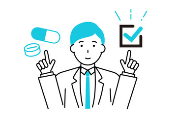 薬のアイコンとチェックマークを指差しする男性医師