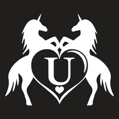Elegant Unicorn white Monogram Logo with Heart and Letter 'U' – Vector Silhouette Design, t shirt Design svg