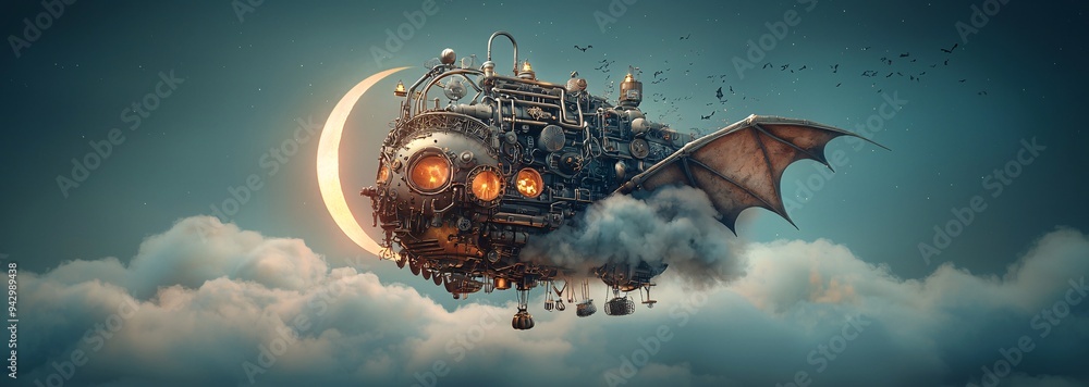 Poster a mechanical bat with intricate steampunk details soaring through a halloween night sky, surrounded 