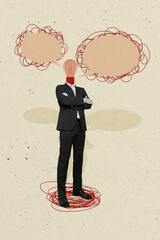 Composite trend artwork 3D sketch photo collage of business man headless stand formalwear speech...