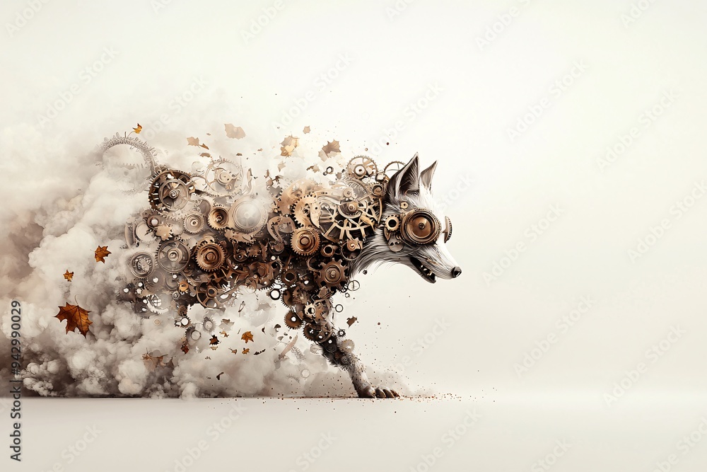 Poster a mechanical fox with steampunk features, including gears and cogs, prowling through a foggy hallowe