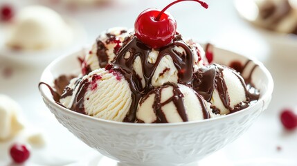 Decadent ice cream sundae with multiple scoops, drizzled with hot fudge, topped with a cherry, indulgent dessert