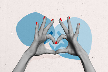 Composite trend artwork sketch image collage of poster two huge hand hold together touch finger point gesture heart shape love romance