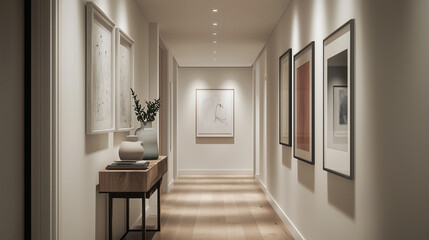 Contemporary Minimalist Hallway with Abstract Art and Sculptures in a Bright, Natural Light-Filled Interior, Featuring Modern Design and Clean Lines