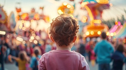 Obraz premium A vibrant Halloween carnival scene at dusk, with children and adults dressed in costumes enjoying rides and games. The background is filled with spooky decorations, leaving ample copy space for text