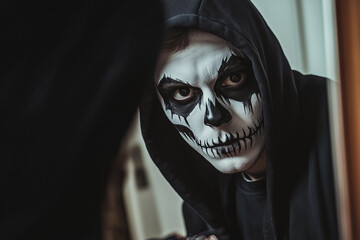 Close-up of a male with skull makeup in a dark hood. Generative AI image