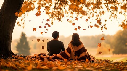 Serene Autumn Moment - Couple Holding Hands Under Tree with Falling Leaves and Cozy Blanket in Warm Tones