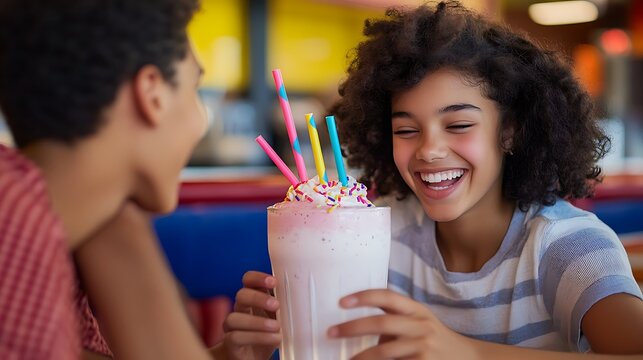 Happy Teenagers Sharing Milkshake in Retro Diner - Playful Interaction and Colorful Straws - Powered by Adobe