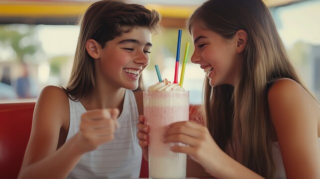 Happy Teenagers Sharing Milkshake in Retro Diner - Playful Interaction with Colorful Straws