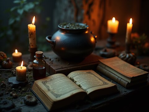 A moody, artistic photo of a witch's altar, featuring a cauldron, spell books, candles, and vials of mysterious liquids