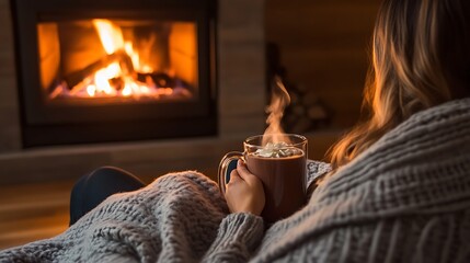 Cozy Winter Evening by the Fireplace - Couple Sharing Blanket in Intimate Setting with Hot Chocolate