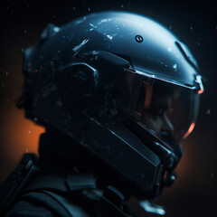 A close-up of a futuristic helmet worn by a soldier against a dark background with a mysterious atmosphere and cool color tones with soft side lighting in the portrait photography 
