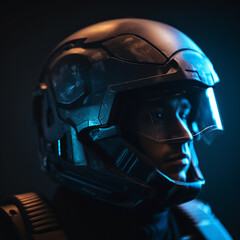 A close-up of a futuristic helmet worn by a soldier against a dark background with a mysterious atmosphere and cool color tones with soft side lighting in the portrait photography 