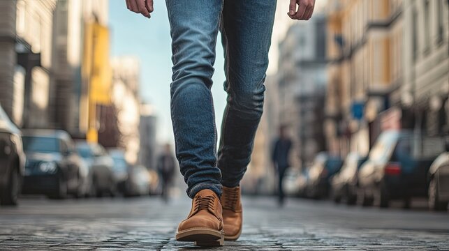Man in selvedge denim jeans, cuffed at the ankle, walking through a city street, focused on details