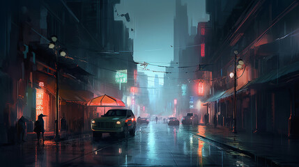 A futuristic cityscape at night against a dark background with a mysterious atmosphere and cool color tones with soft side lighting in the portrait photography style of high contrast 