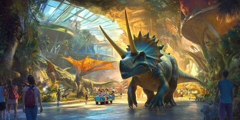 Dinosaur exhibit, people explore, futuristic jungle.