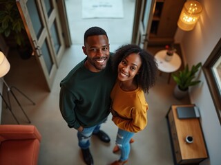 A top-down fish-eye view captures a beautiful Black couple smiling in the entrance hall of their new apartment