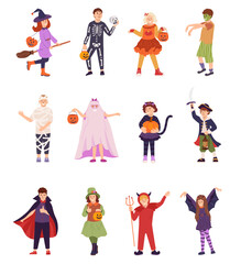 Collection of cute cartoon kids in colorful Halloween costumes: cat, pirate, devil, witches, ghost, mummy, skeleton. Cute little kids dressed in carnival clothes set. Flat vector illustration isolated