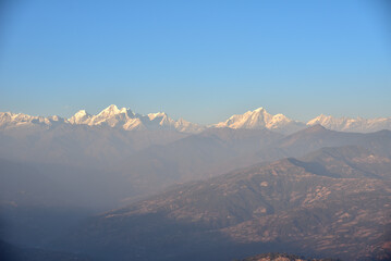 The beautiful views of the Himalaya and eight ranges visible (Annapurna, Manaslu, Ganesh Himal, Langtang, Jugal, Rolwaling, Everest and Numbur) from Nagarkot, Nepal