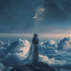 An angel statue silhouetted against a sunset sky, capturing a serene religious moment with a holy and artistic touch