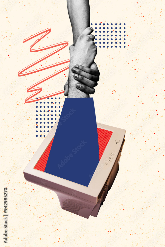 Poster composite trend artwork 3d sketch image collage of two hands show gesture unity together appear huge