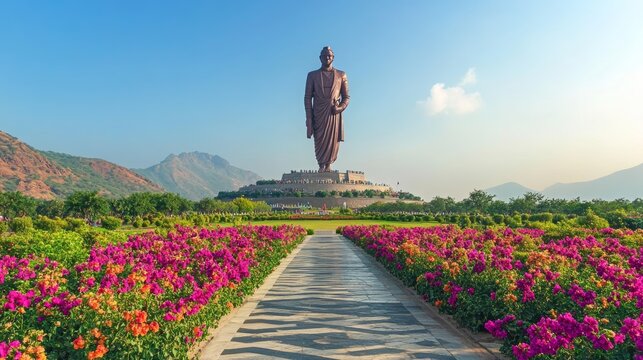 Vibrant Desert Rose (Adenium obesum) blossoms bloom amidst a lush garden, casting a vibrant hue beneath the imposing Statue of Unity in Kevadia, Gujrat, India.