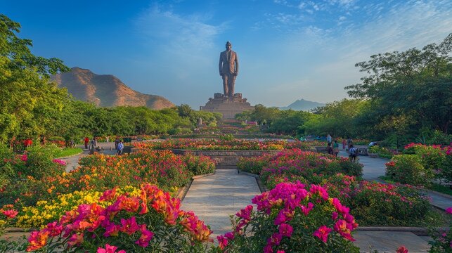 Vibrant Desert Rose (Adenium obesum) blossoms bloom amidst a lush garden, casting a vibrant hue beneath the imposing Statue of Unity in Kevadia, Gujrat, India.