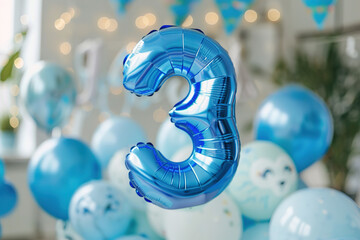 Blue number three with balloons. Playful symbol 3. Invitation for third birthday celebration. Children, kids party. Greeting card design for boy.