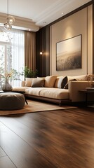 Obraz premium A stylish contemporary living room featuring a beige sofa, wooden floors, and elegant accent decorations.