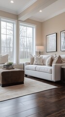 Bright and modern cozy living room with large windows, elegant white sofa, and soft lighting creating a serene atmosphere.