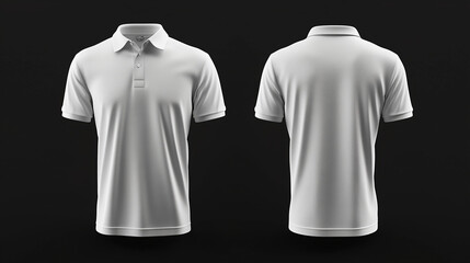 A front and back view mock-up of a plain white polo shirt, isolated on a solid black background