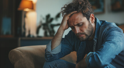 Obraz premium A man sitting on the couch with his head in hands, looking distressed and emotional, showing signs of anxiety or depression. The concept of emotional pain and suffering due to life events.