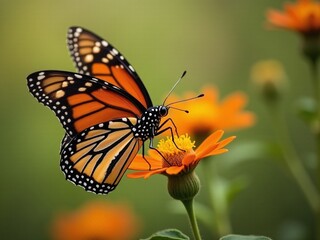 Obraz premium A close-up of a monarch butterfly feeding on a milkweed flower