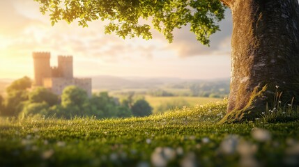 A majestic tree in the foreground with a distant castle under a golden sunset, creating a serene scenic landscape.