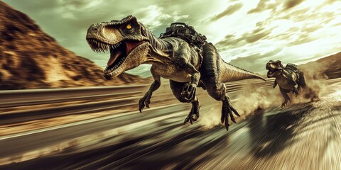 Obraz premium Two dinosaurs racing in a desert.